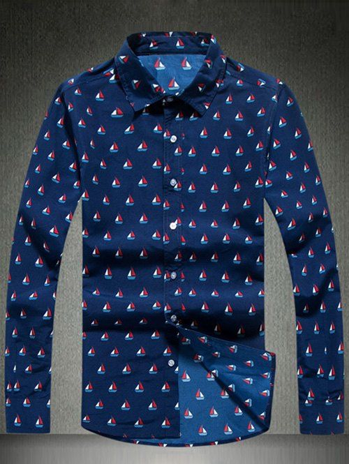 

Turn-Down Collar Sailing Print Long Sleeve Shirt, Blue