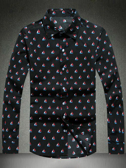 

Turn-Down Collar Sailing Print Long Sleeve Shirt, Black