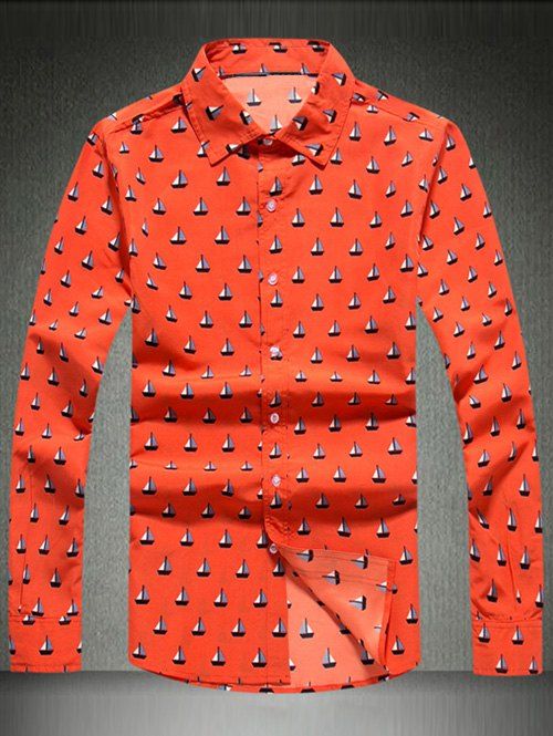 

Turn-Down Collar Sailing Print Long Sleeve Shirt, Orange