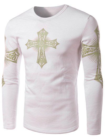 T-Shirt Cintré à Manches Longues Moderne et à Imprimé Croix Spéciaux avec Col Rond pour Homme - Blanc L