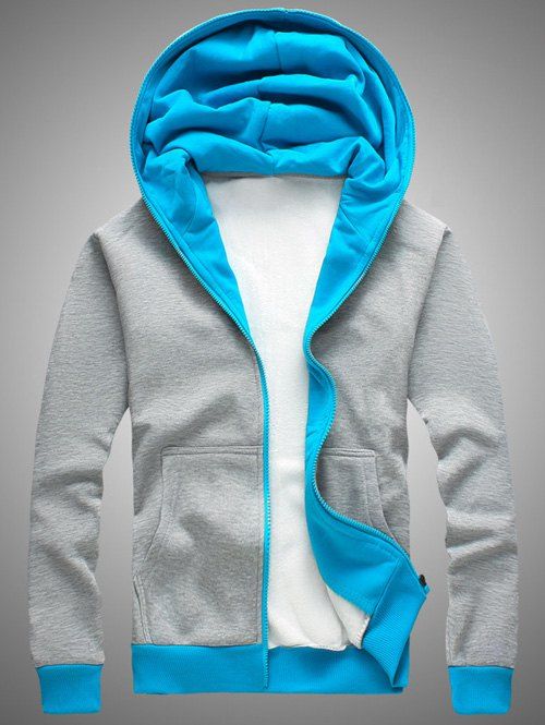 

Color Block Splicing Hooded Zip-Up Fleece Hoodie, Blue+gray