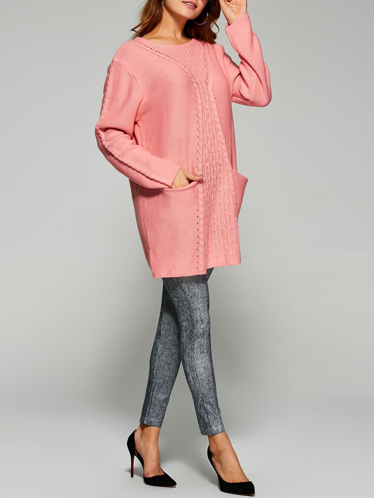 

Long Drop Shoulder Butterfly Cable Knit Sweater, Pink