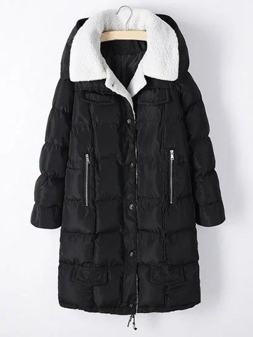 

Plus Size Zipper Pocket Hooded Shearling Coat, Black