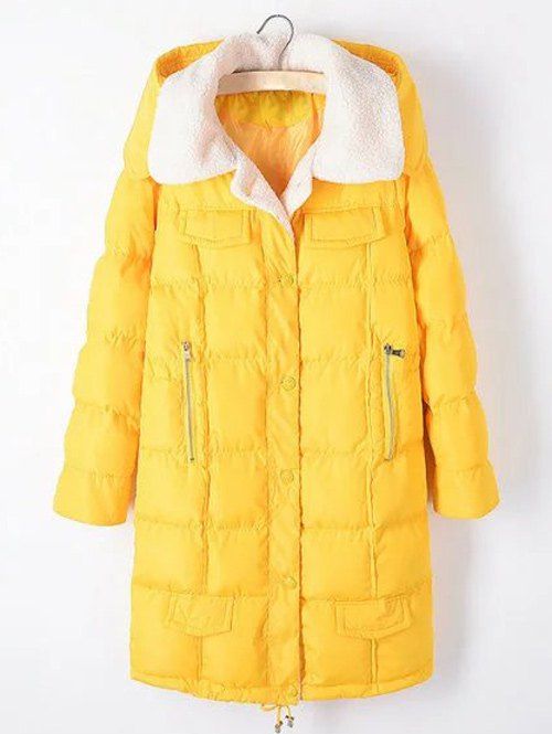 

Plus Size Zipper Pocket Hooded Shearling Coat, Yellow