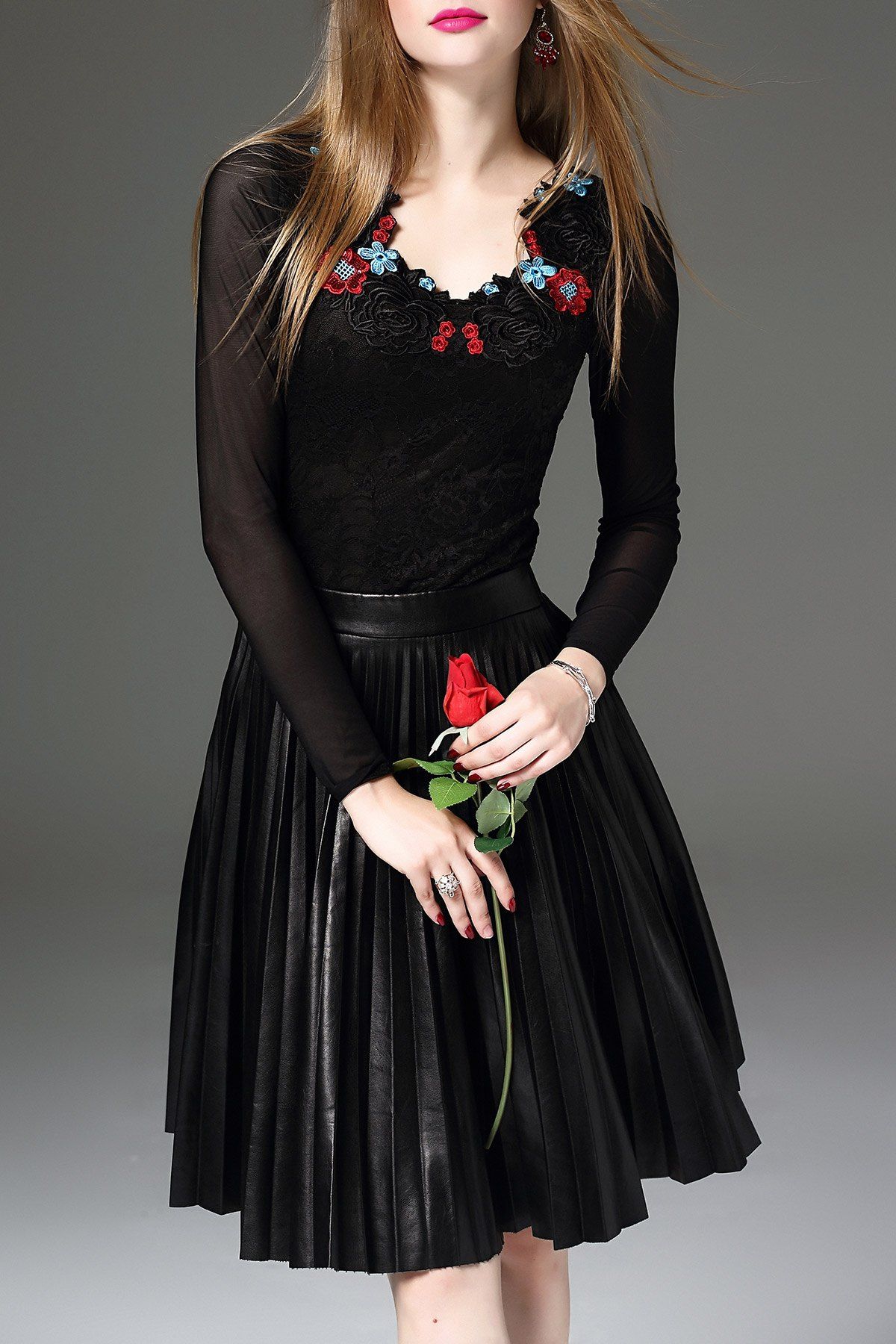 

Floral Embroidered V Neck Sheer T-Shirt, Black