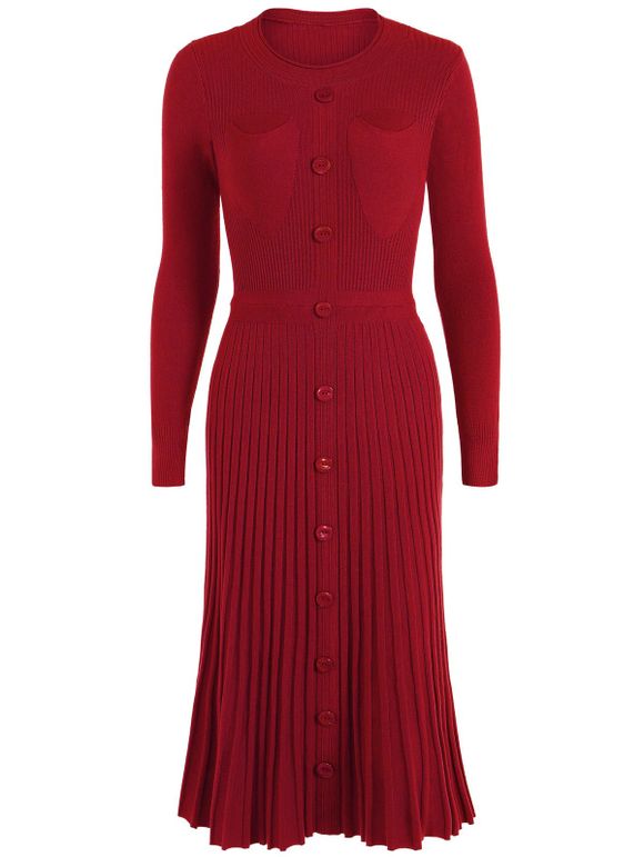 Robe d'automne en laine plissée avec double poches devant - Rouge vineux ONE SIZE