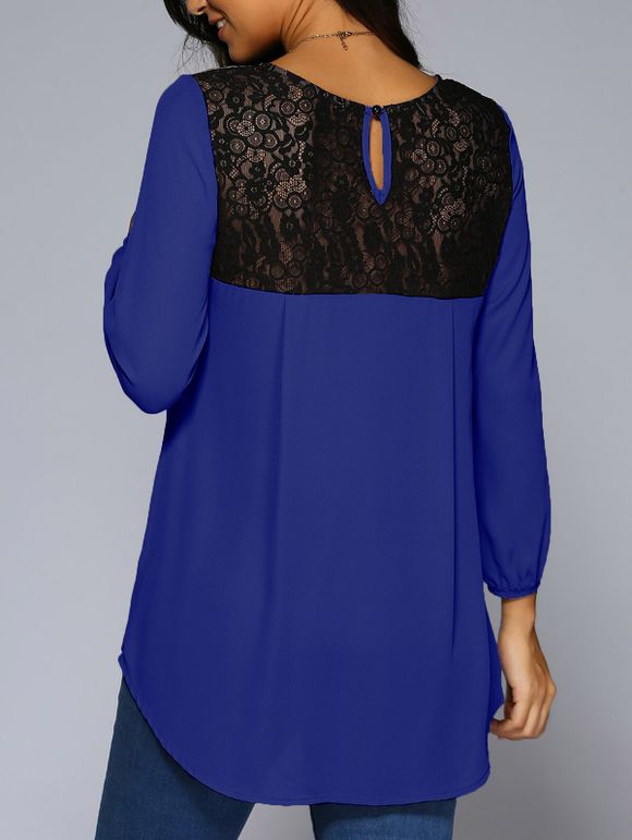 Blouse mélangée  dentelle avec pan asymétrique - Bleu M