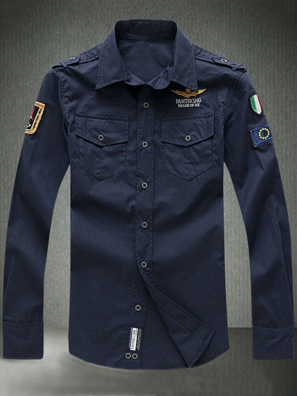

Embroidered Appliques Turn-Down Collar Long Sleeve Shirt, Deep blue