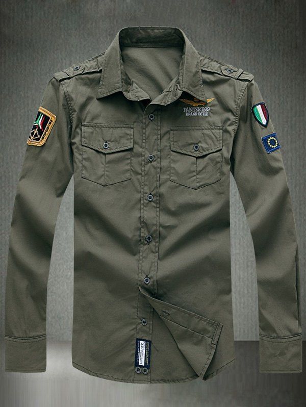 

Embroidered Appliques Turn-Down Collar Long Sleeve Shirt, Army green