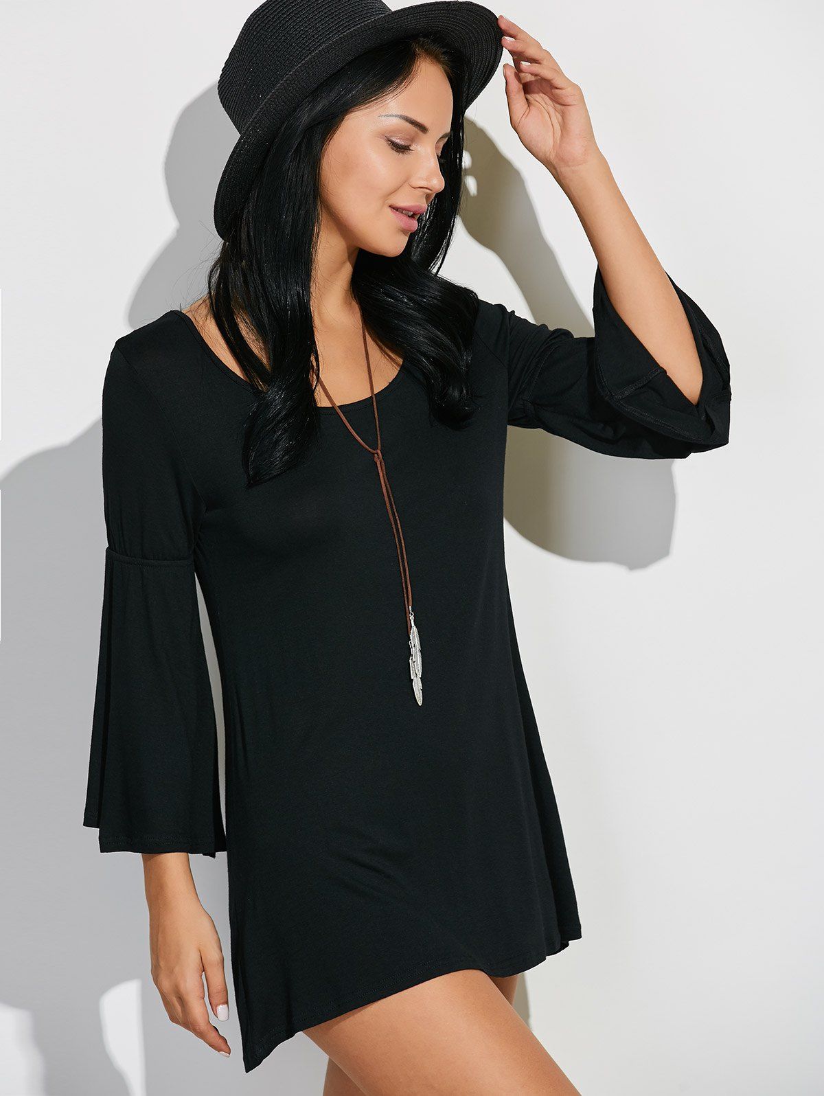 

Bell Sleeves Mini T-Shirt Dress, Black