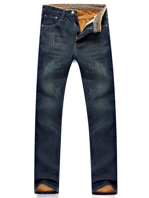 

Pocket Rivet Scratched Flocking Jeans, Blue