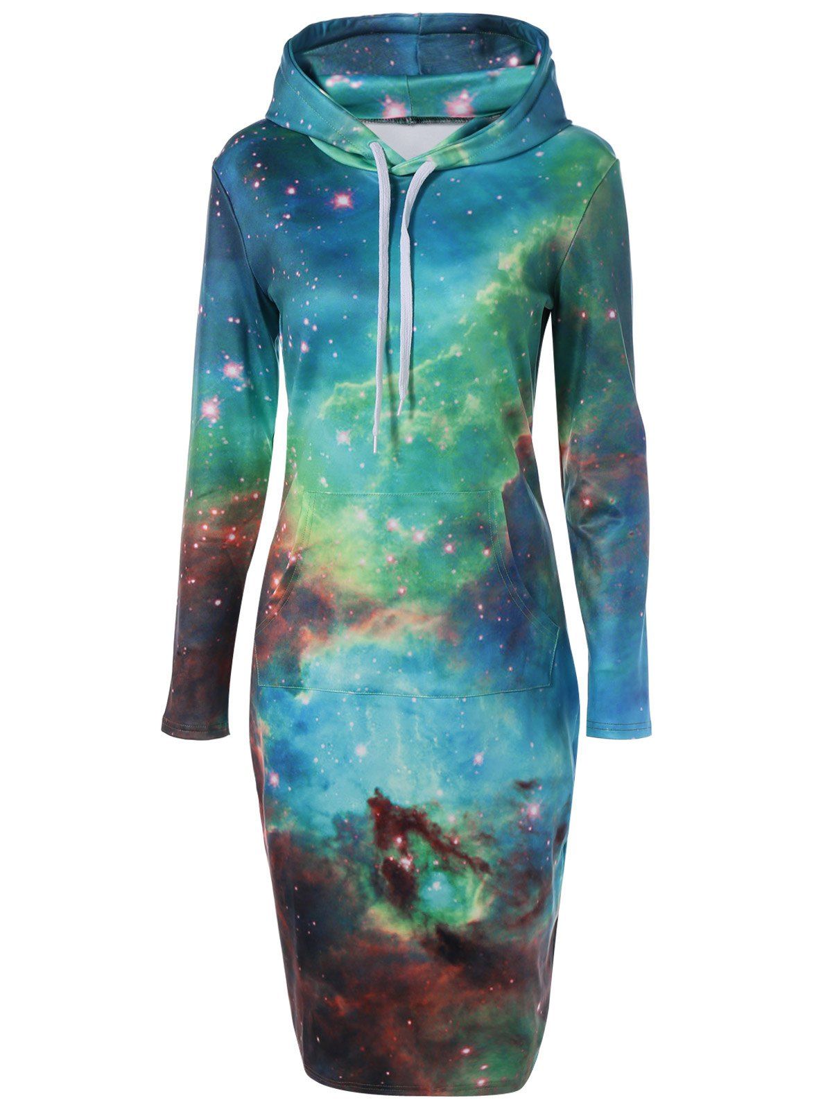 

Hooded 3D Galaxy Print with Pocket Dress, Green
