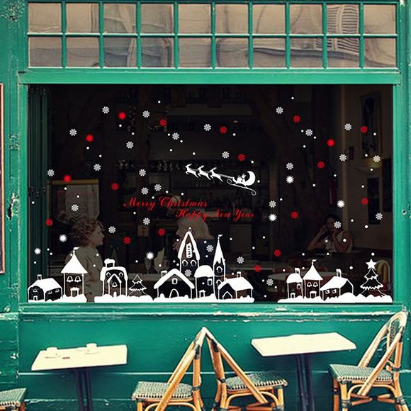 Sticker mural décoré en vitrine à motif de neige de la collection de Noël - Rouge et Blanc 
