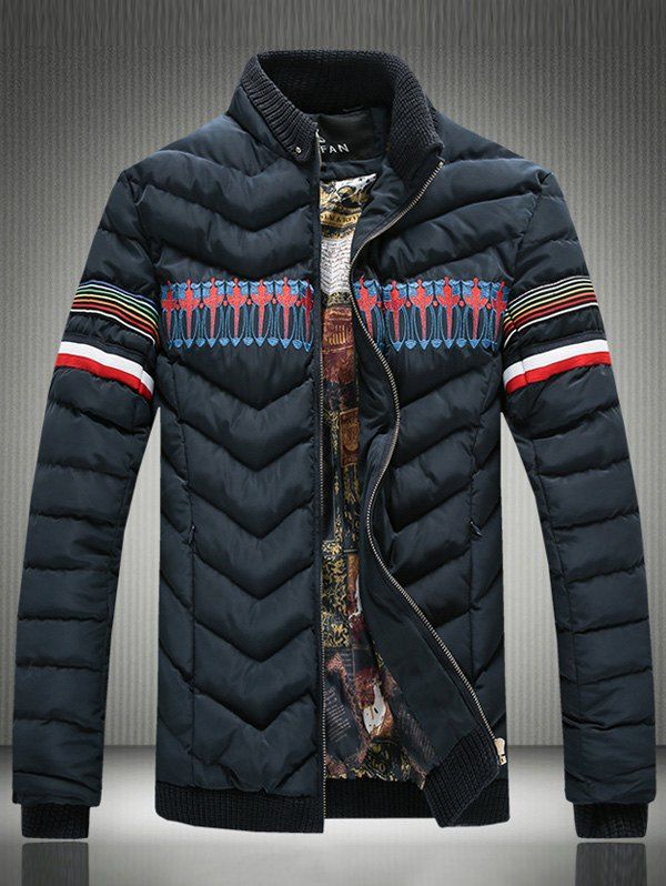 

Stripe Selvedge Embellished Rib Spliced Stand Collar Padded Jacket, Cadetblue