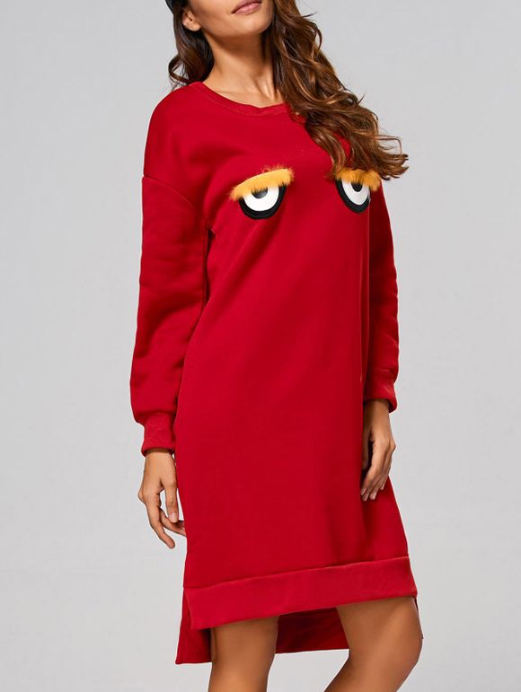 Cartoon Eyes Drop Shoulder Sweatshirt Dress - RED XL
