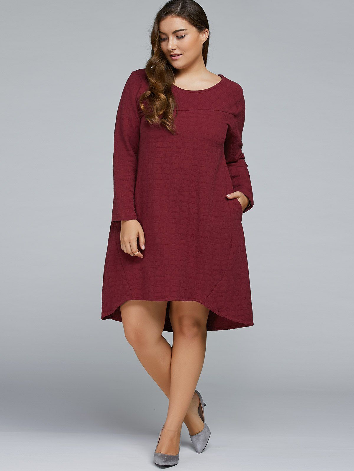 [17% OFF] 2021 Plus Size Textured Long Sleeve High Low Dress In WINE ...