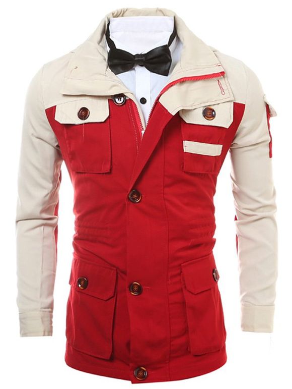 Veste à capuche zippée à multi poches ,deux tons - Rouge XL