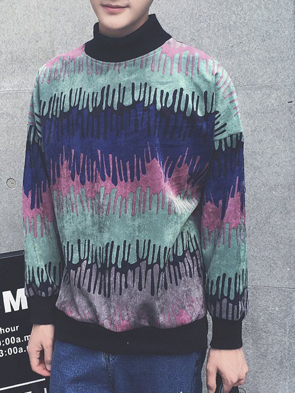 

Color Block Splatter Paint Roll Neck Sweatshirt, Colormix