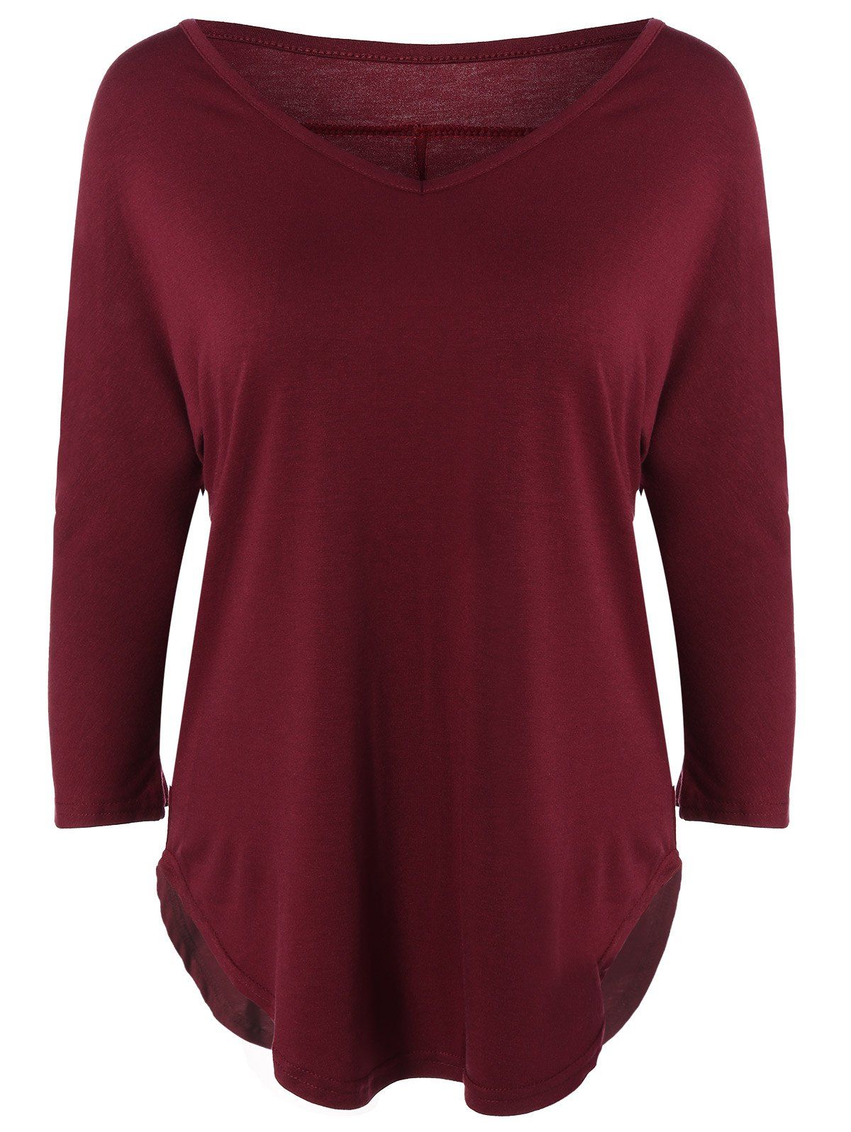 

V Neck Batwing Sleeve T-Shirt, Wine red