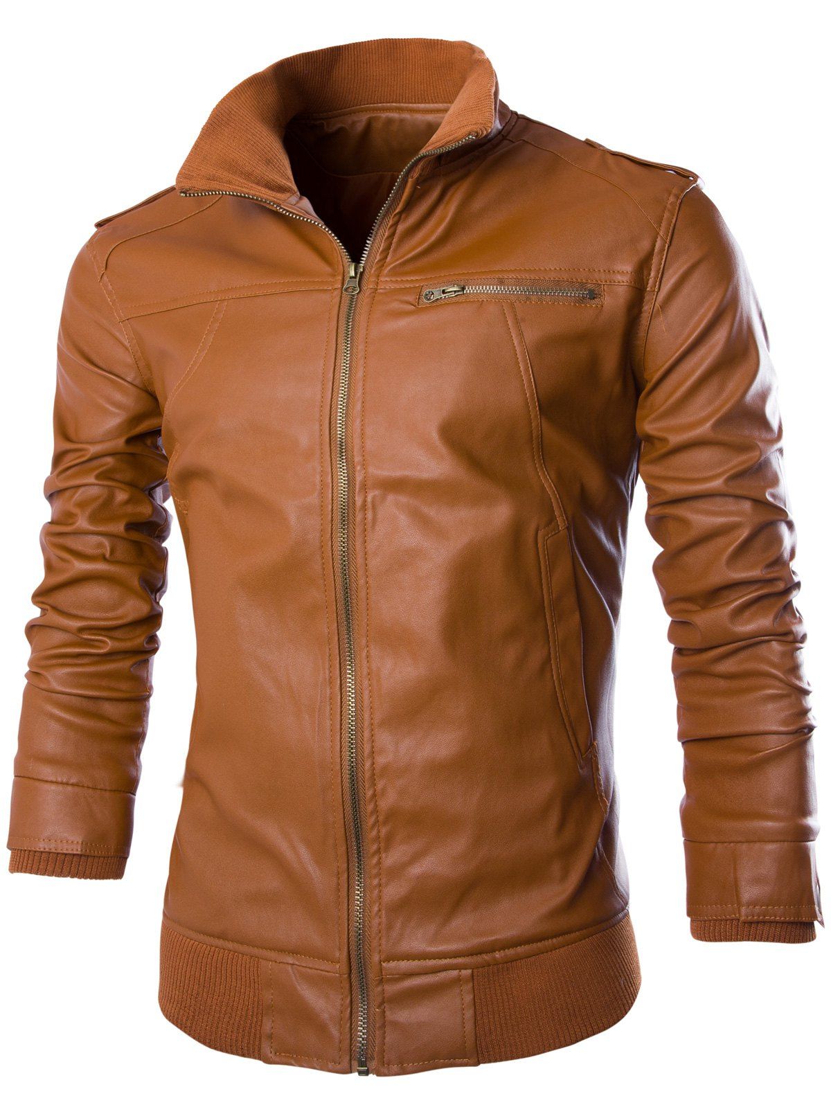 

Stand Collar Rib Splicing Design Long Sleeve PU-Leather Men's Jacket, Light brown