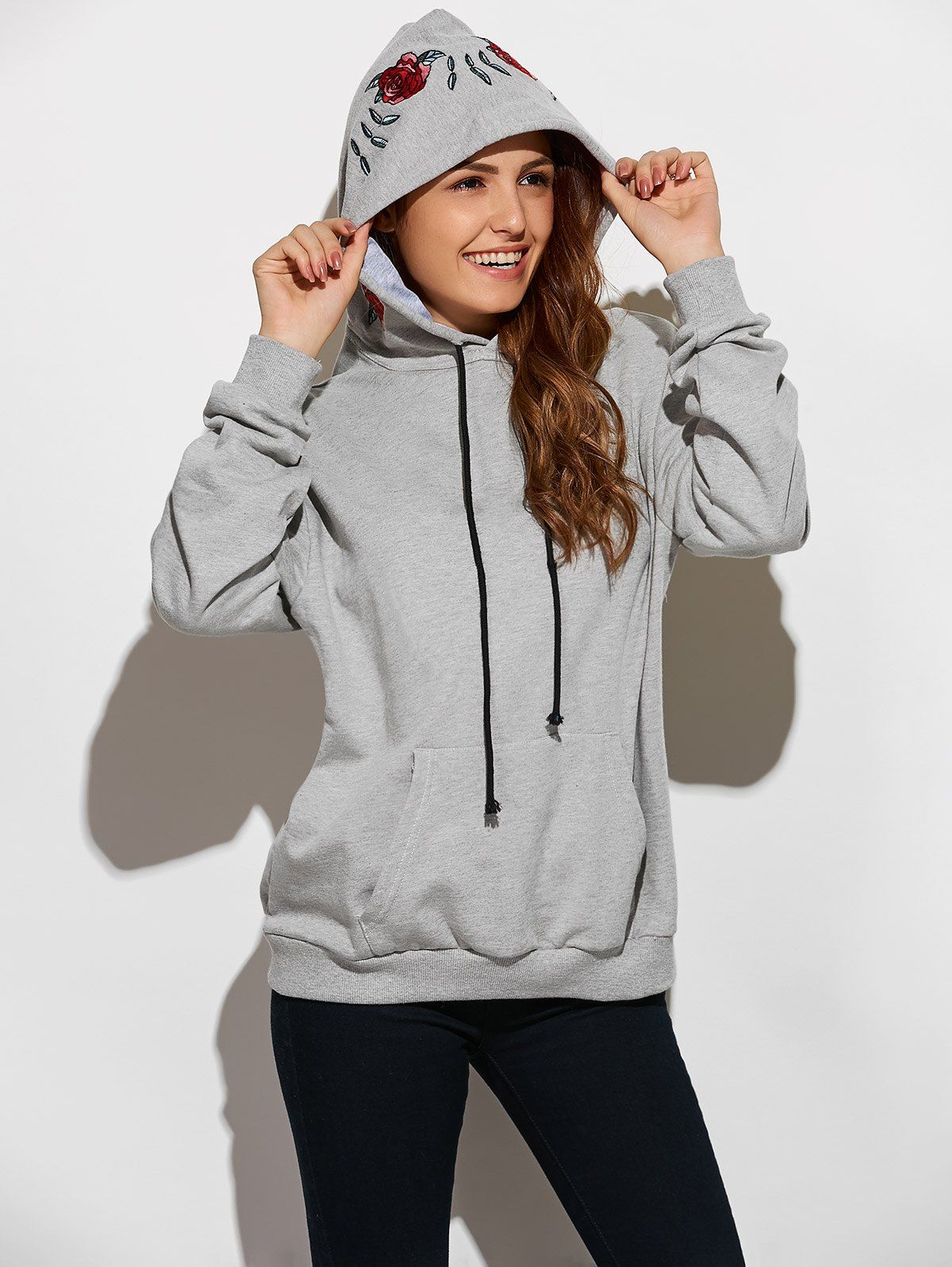 

Front Pocket Embroidered Hoodie, Gray