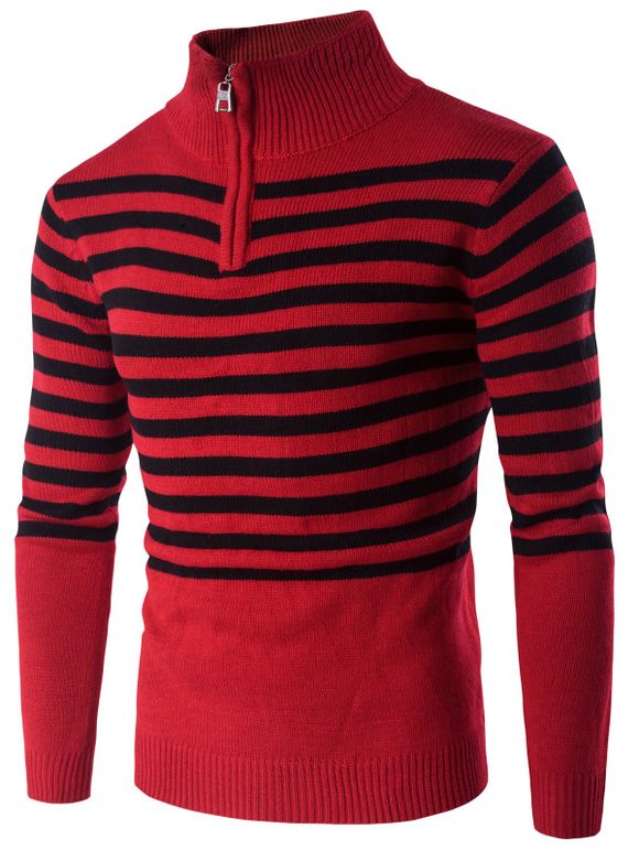 Pull Col Montant Demi-Zip à Rayures - Rouge XL