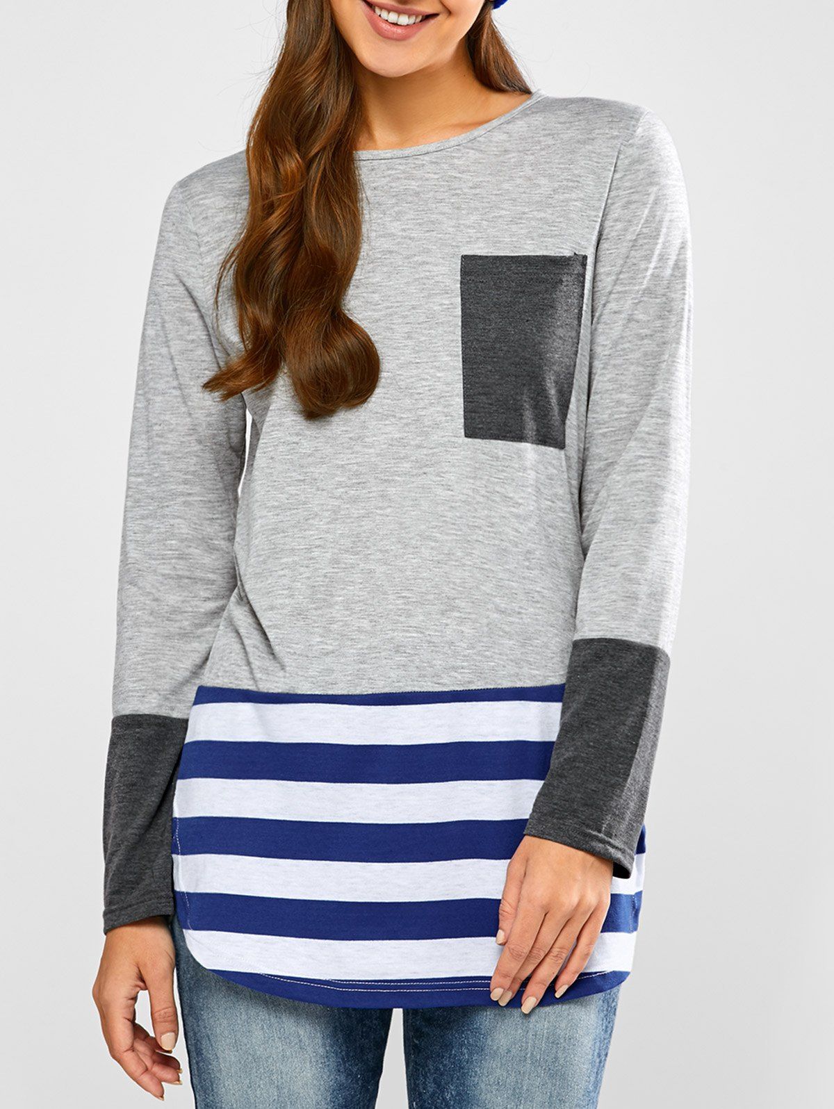 

Striped Hem Pocket Longline T-Shirt, Blue