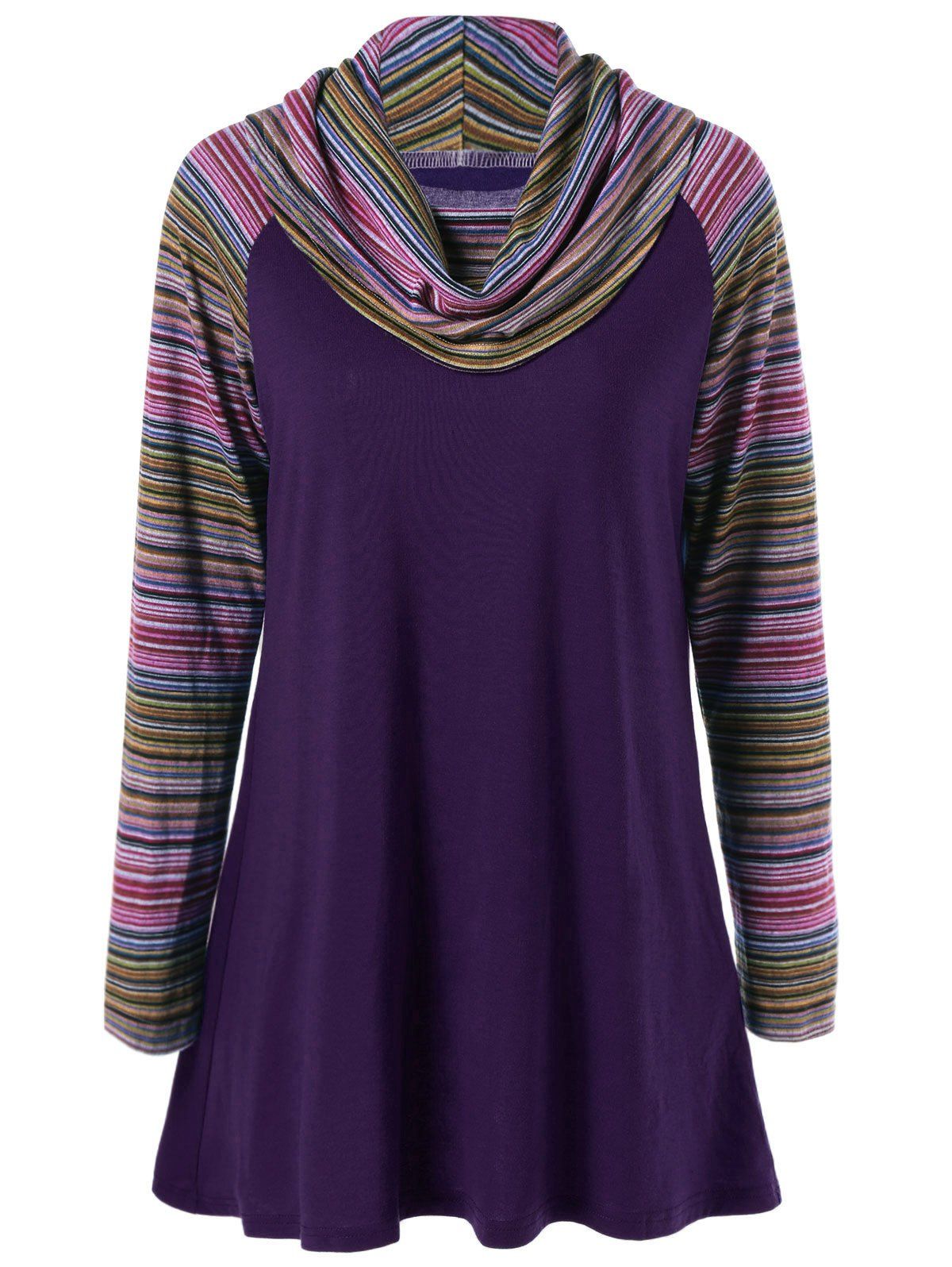 

Cowl Neck Colorful Striped T-Shirt, Purple