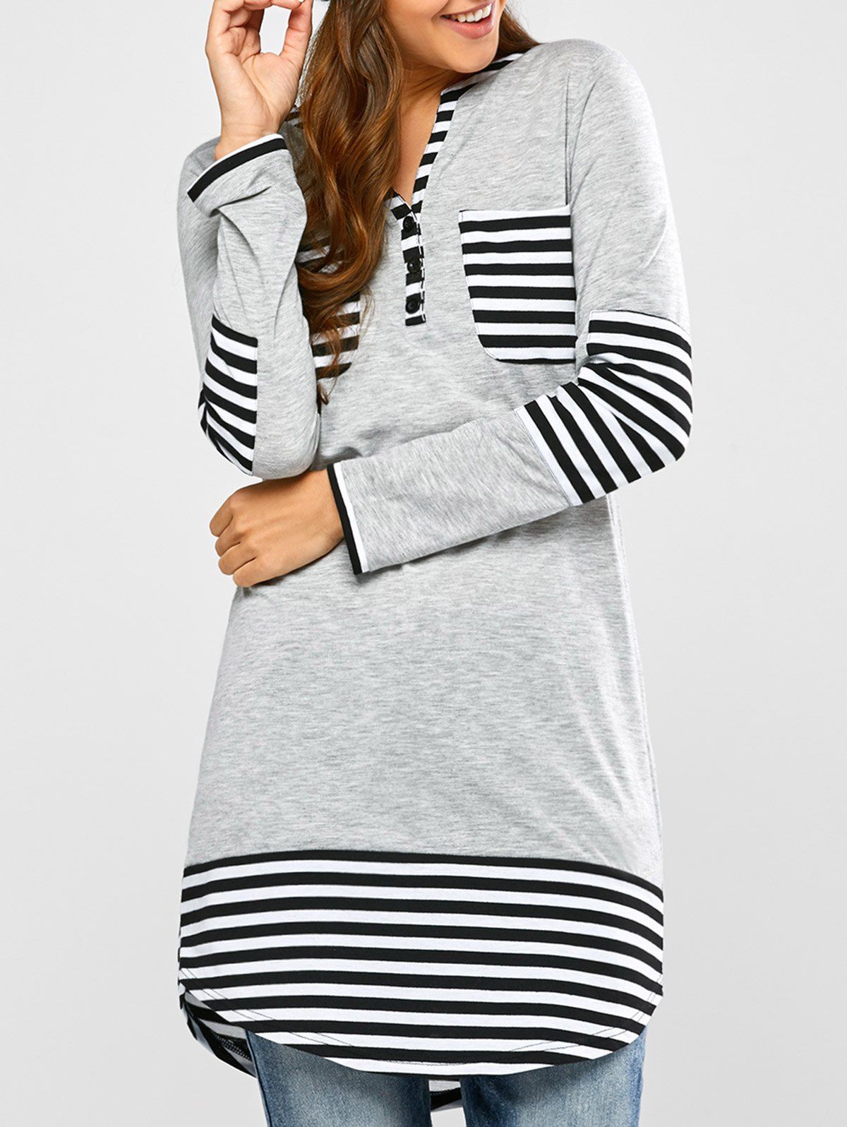 

Striped Hem Pocket Tunic T-Shirt, Light gray