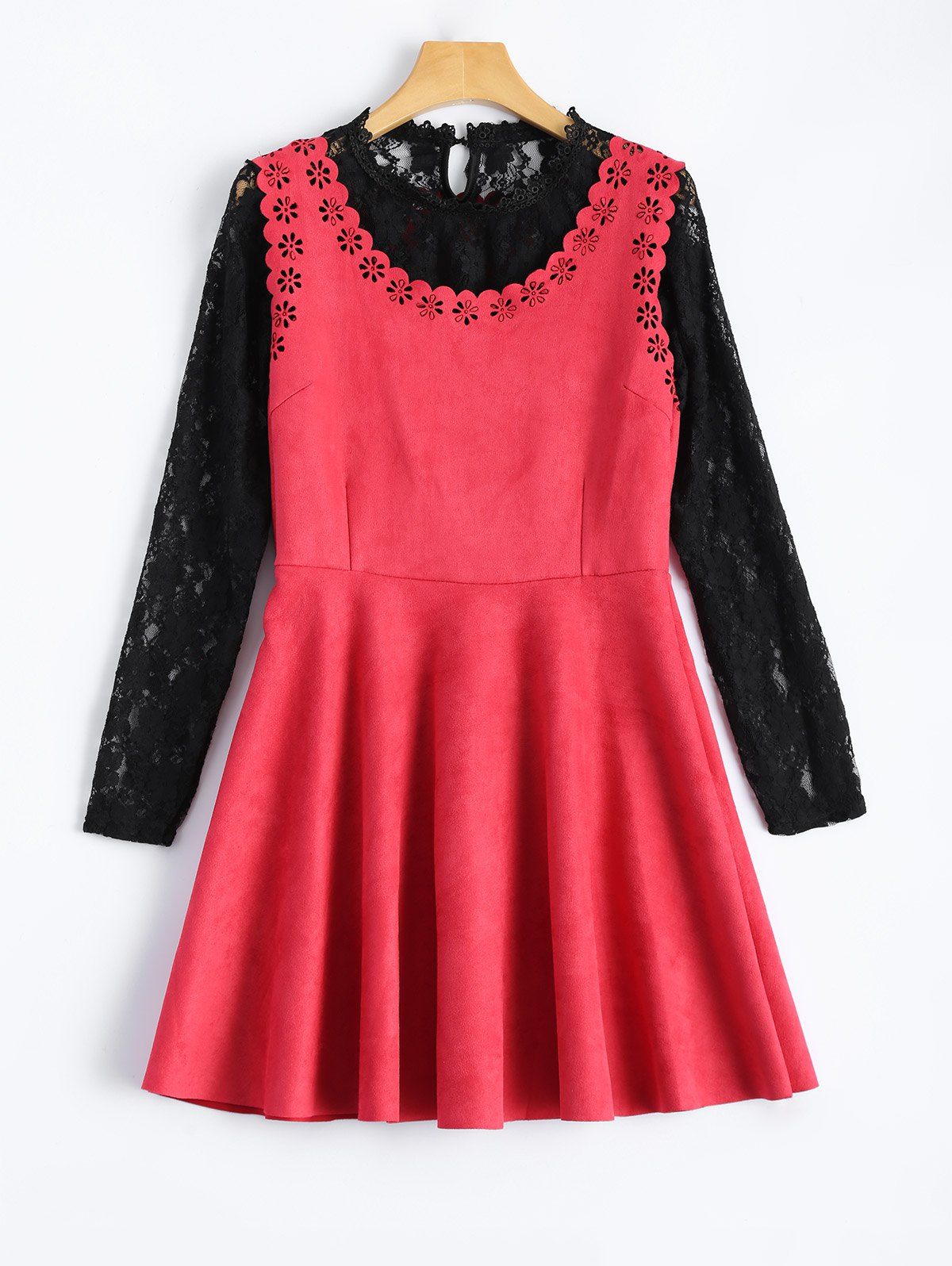 

Laciness Suede Mini Dress With Lace Blouse, Red