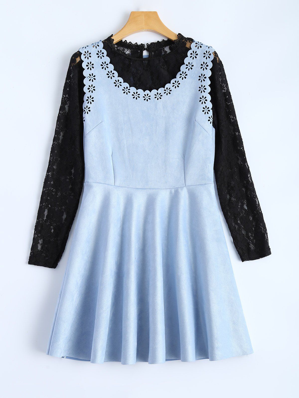 

Laciness Suede Mini Dress With Lace Blouse, Light blue