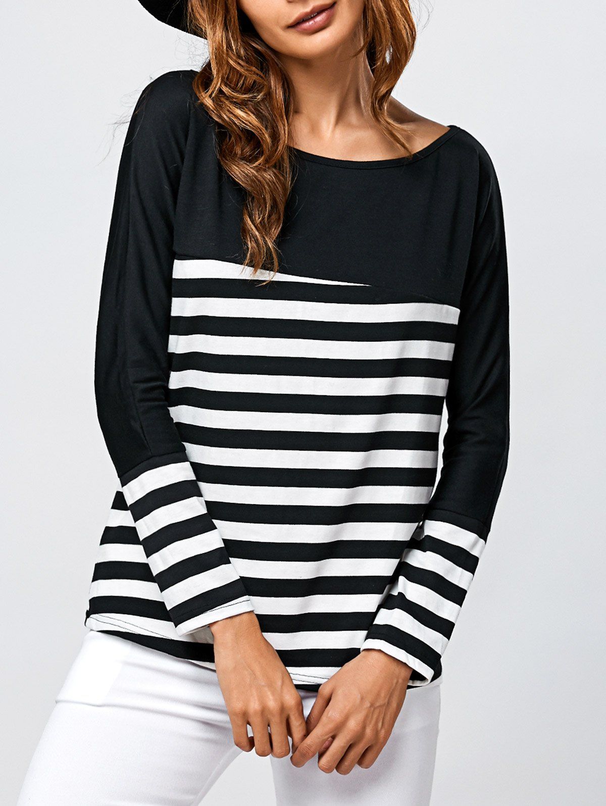 

Boat Neck Stripe Long Sleeve T-Shirt, Black