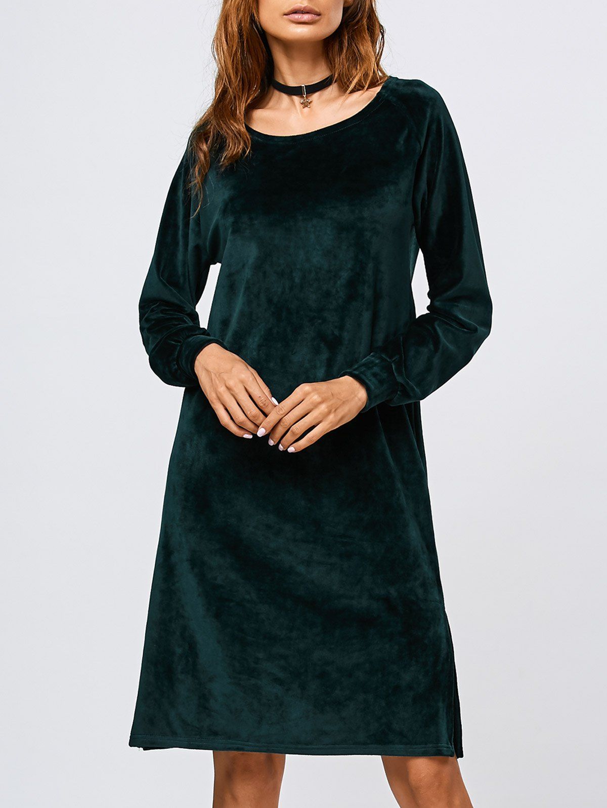 

Long Sleeve Velvet Slit Dress, Blackish green
