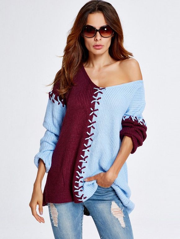 Color Block Loose Sweater - AZURE ONE SIZE