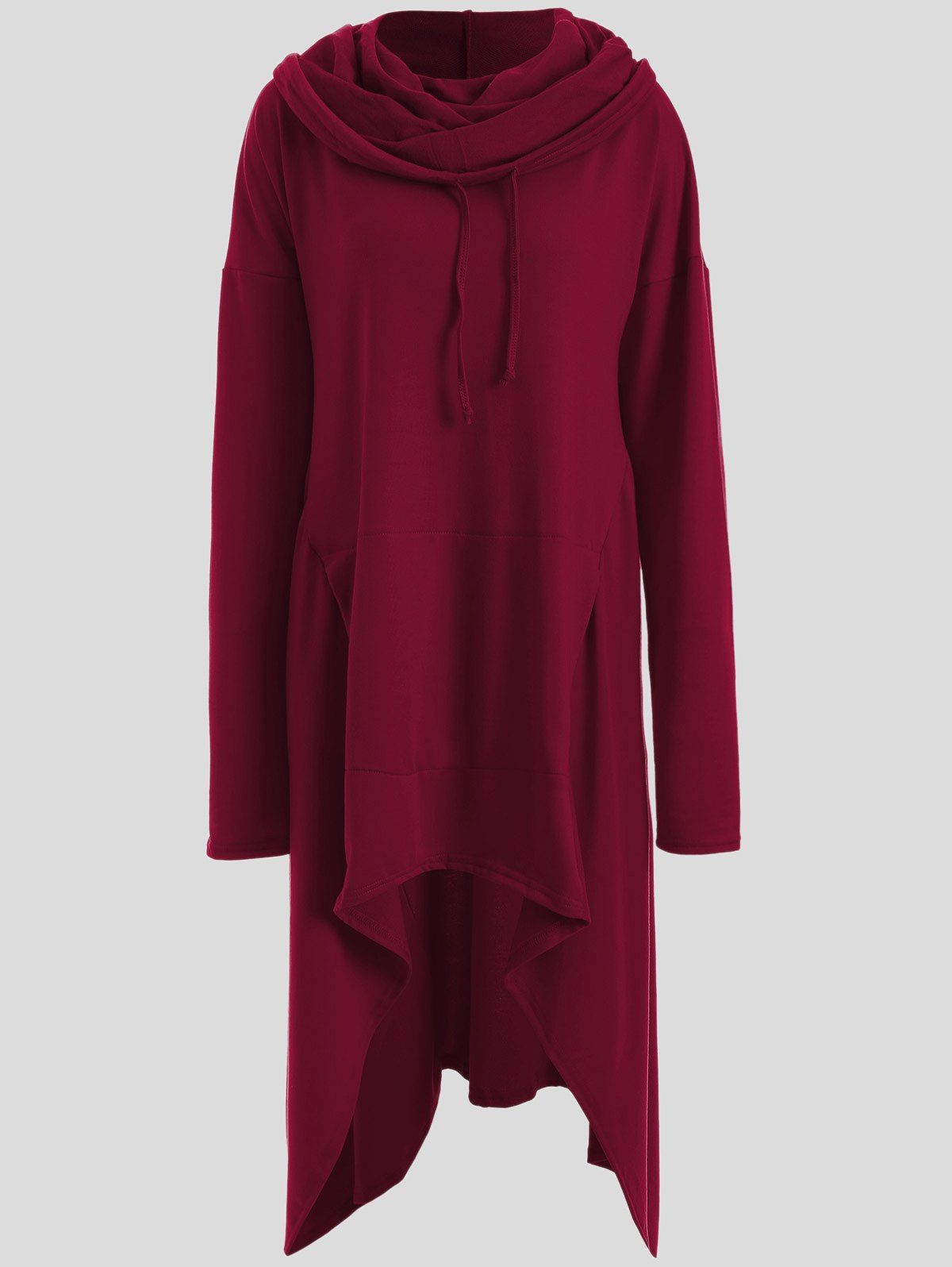 

Drawstring Asymmetric Longline Hoodie, Deep red