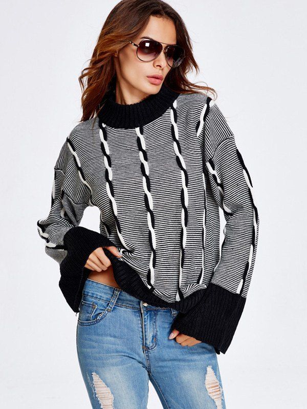 

Color Block Heather Bell Sleeve Striped Sweater, Black