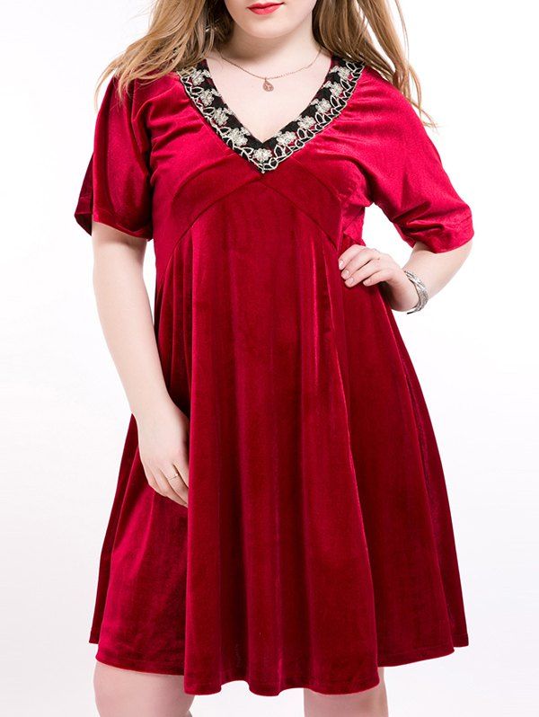 

Suede Floral Embroidery Swing Dress, Deep red