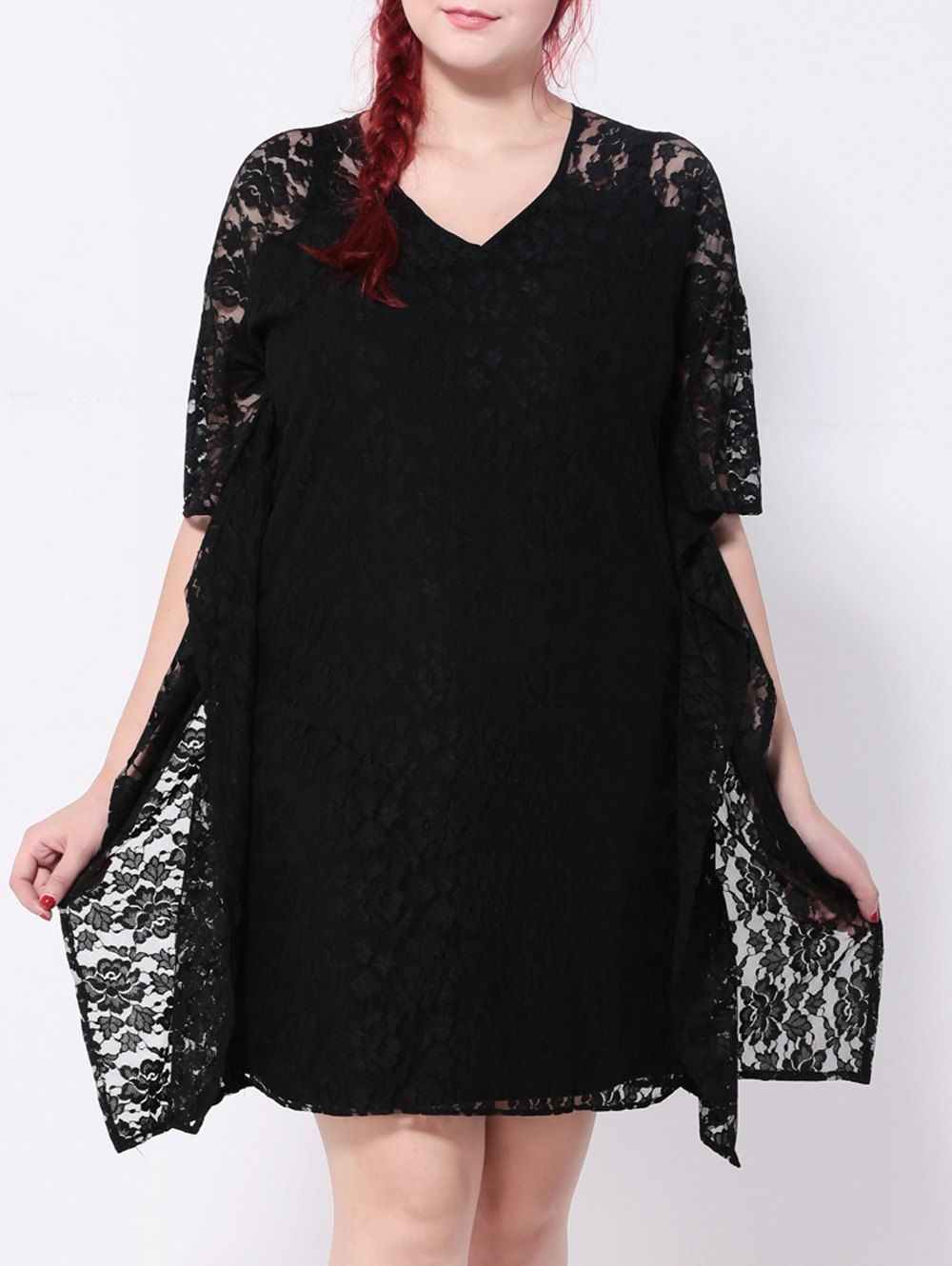 17 Off 2021 Batwing Sleeves Lace Splicing Dress In Black Dresslily