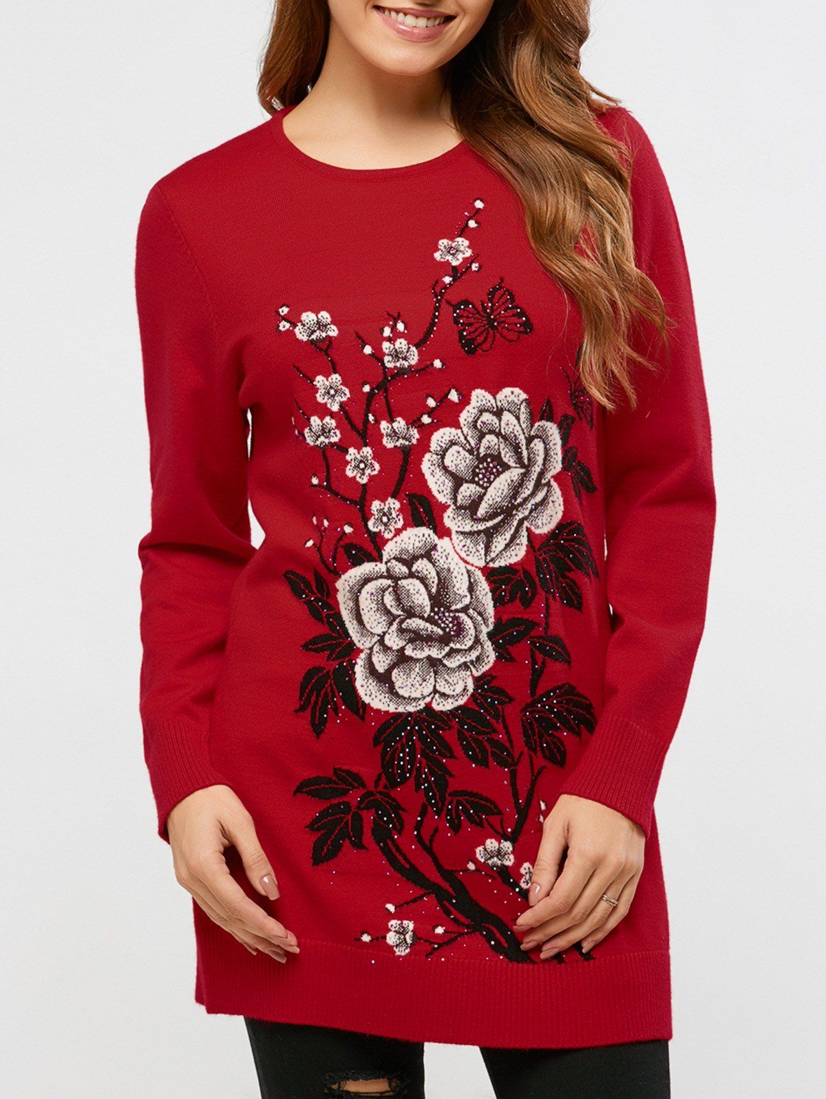 

Rhinestoned Floral Long Sweater, Deep red