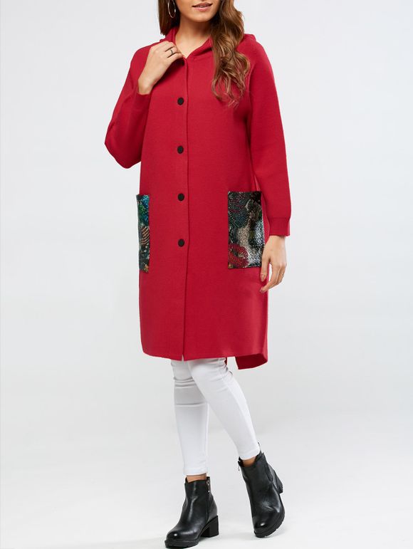 Manteau de laine à capuche avec lettres et incision arrière - Rouge ONE SIZE