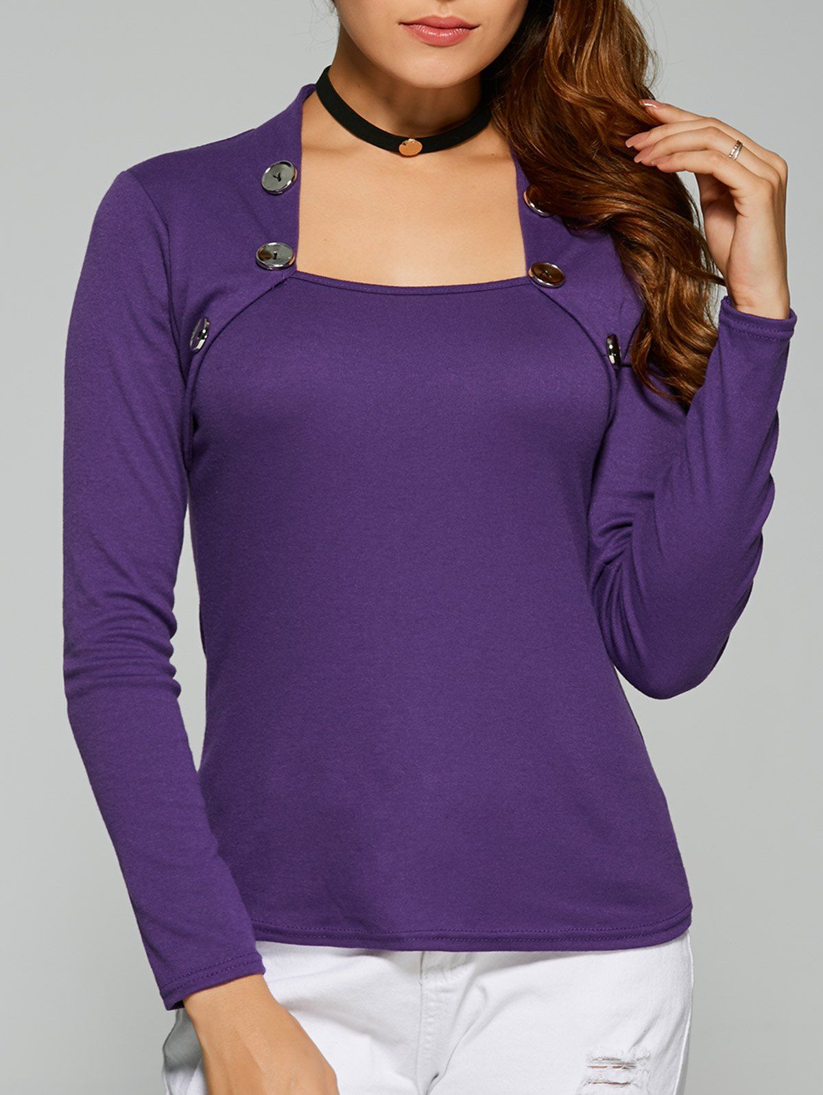 

Square Collar Button Embellished T-Shirt, Deep purple