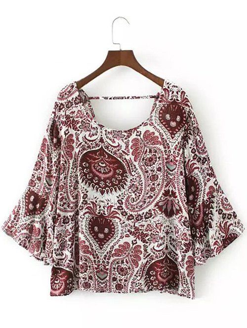 

Flare Sleeve Tribal Print Boho Blouse, Red