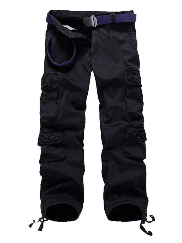 

Drawstring Cuff Multi Pockets Flocking Cargo Pants, Black