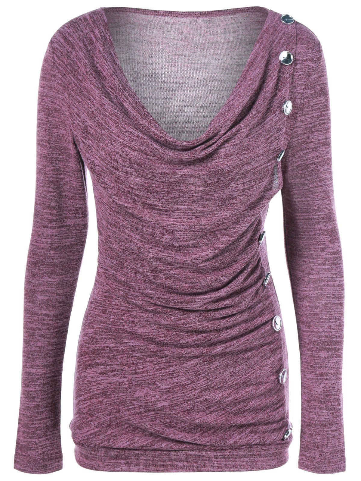 

Plus Size Button Embellished Ruched Pullover, Russet-red