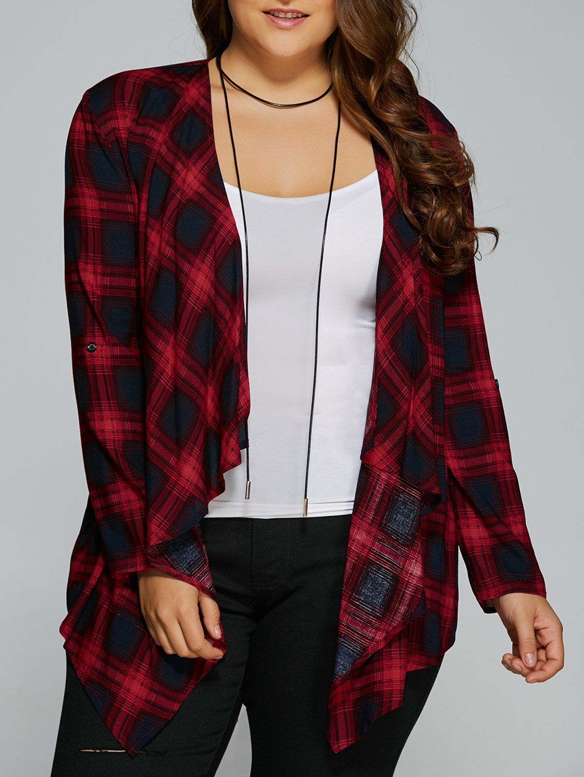 

Plus Size Asymmetrical Plaid Cardigan, Checked