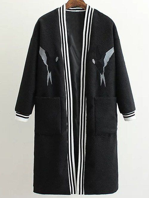

Collarless Bird Embroidered Wool Blend Coat, Black