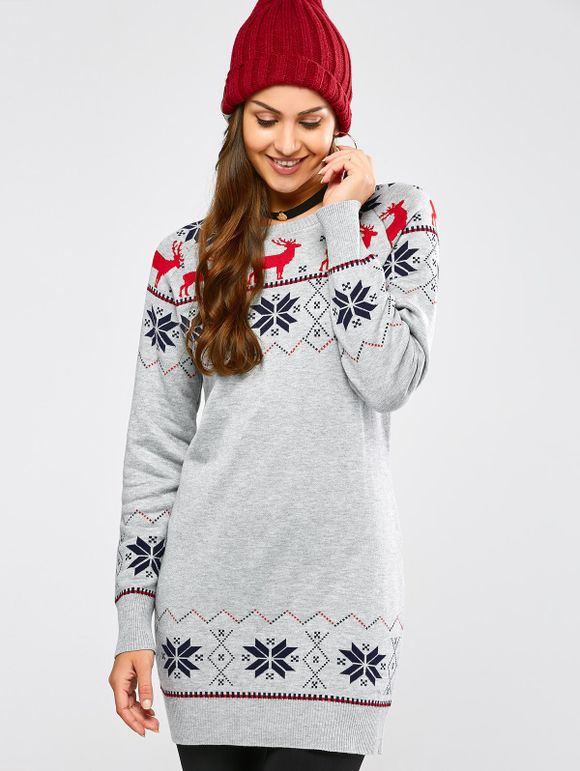 Robe Noël mini tricotée avec motif de cerf et flocon de neige - Gris S