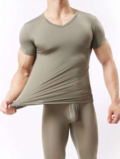 

V-Neck Short Sleeve Basic Breathable T-Shirt, Army green