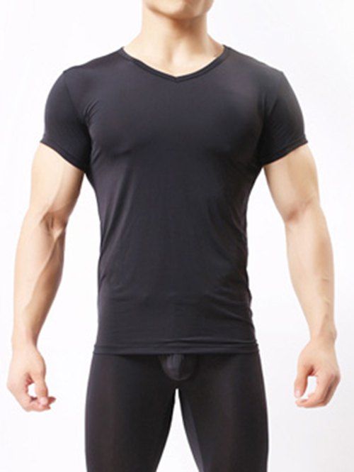 Tee-shirt basique respirant à col V et à manches longues - Noir XL