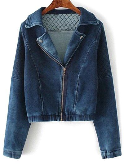 

Lapel Collar Argyle Inclined Zipper Denim Jacket, Deep blue